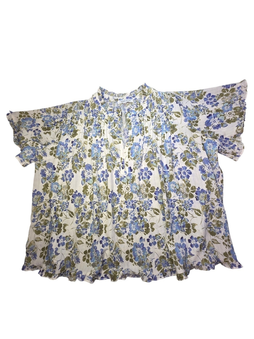 Rose + Olive Floral Pintuck Popover Blouse Boho Flowy Short Sleeve Top 1X